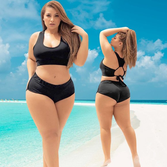 Plus Size Black Bikini Set Classic Tie Back High Waist Sporty Swimwear 1x 2x - Picture 1 of 9